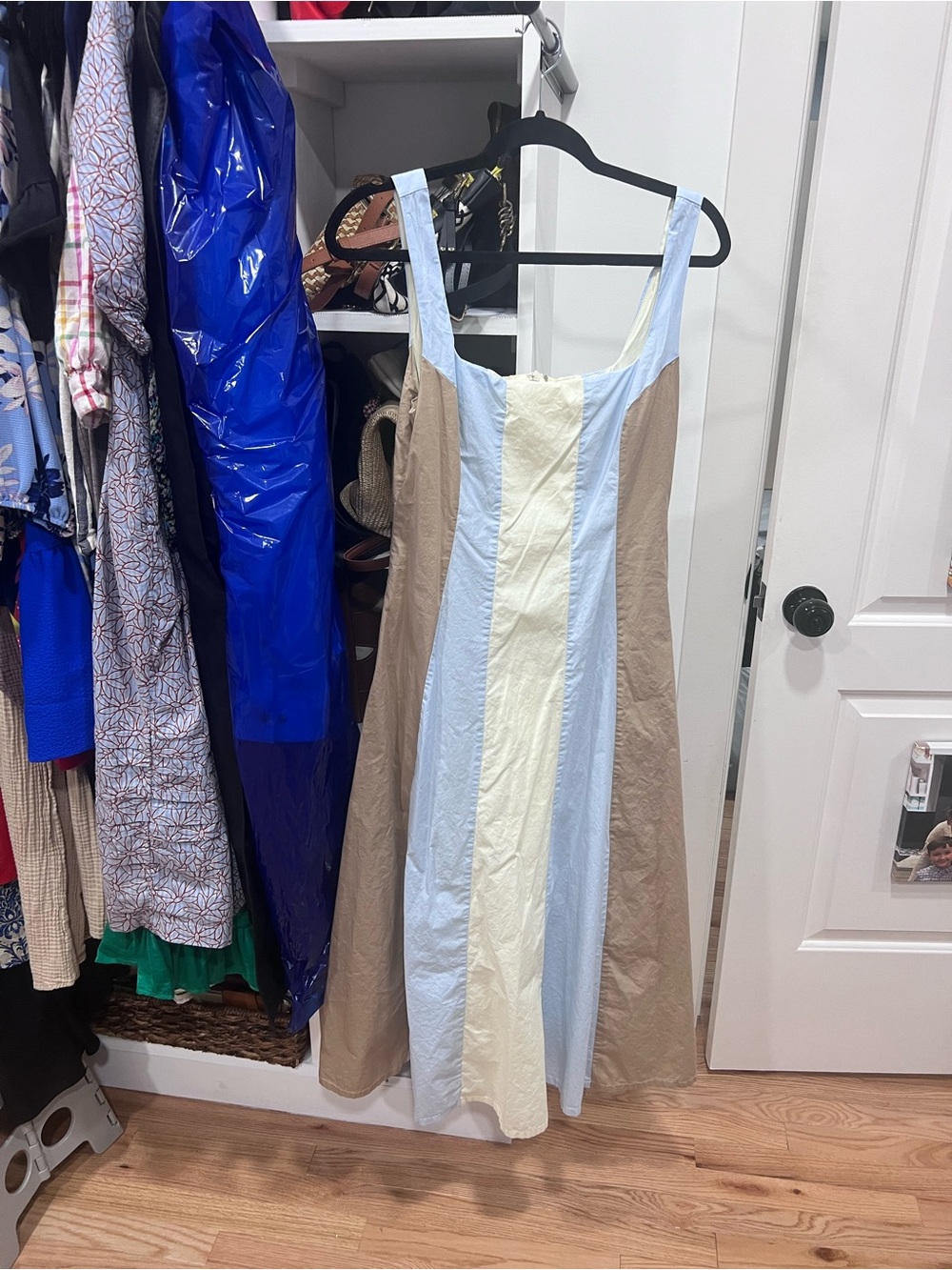 Colorblock A-Line Midi Dress in Light Blue, Cream & Tan